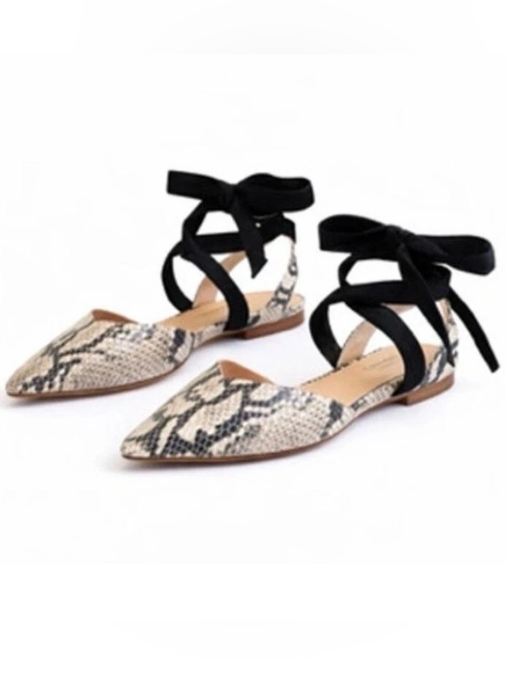 NIB Schutz Barbrah Snake Print Tie Ankle Ballet Flats Black Gray 9.5 Balletcore